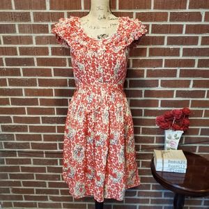 Kay Unger Red Layered Ruffle Floral Cotton Silk Cap Sleeve Fit Flare Dress 6 NWT